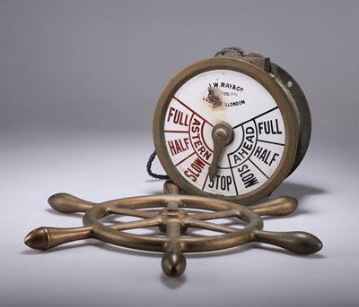 Lot 28 - A BRASS-CASED SHIPS ENGINE ORDER TELEGRAPH AND AN ENGINE ROOM VALVE WHEEL