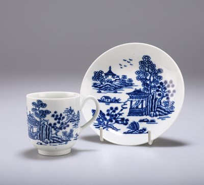 Lot 85 - A WORCESTER BLUE AND WHITE PORCELAIN COFFEE CUP AND SAUCER