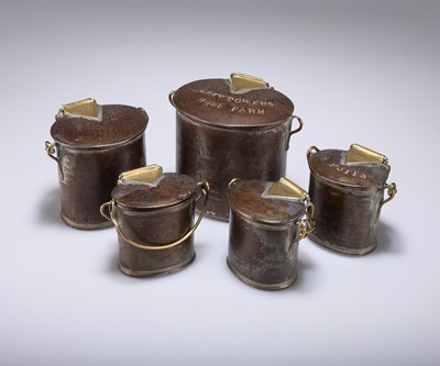 Lot 173 - A SMALL COLLECTION OF DAIRY SUPPLY COMPANY BRASS-MOUNTED DAIRY CANS