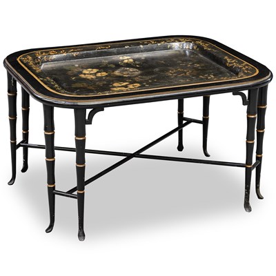 Lot 789 - A PÂPIER-MACHÉ AND SIMULATED BAMBOO COFFEE TABLE