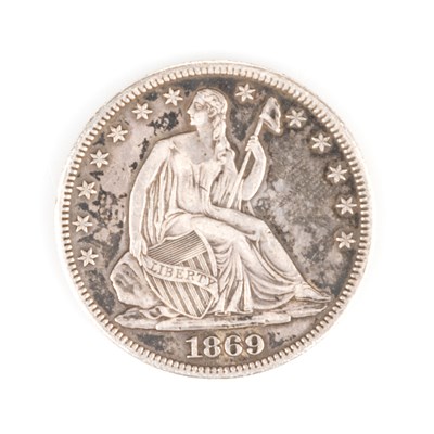 Lot 14 - A USA SEATED LIBERTY SILVER HALF DOLLAR, 1869