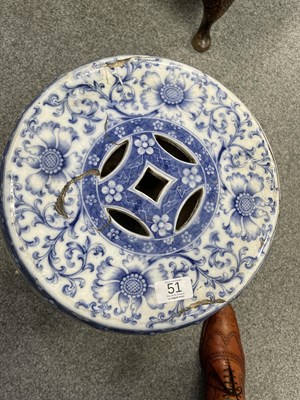 Lot 51 - A 19TH CENTURY BLUE TRANSFER-PRINTED POTTERY GARDEN SEAT