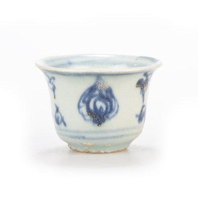Lot 115 - THREE SMALL CHINESE BLUE AND WHITE BUDDHIST SYMBOLS WINE CUPS, MING 15TH CENTURY