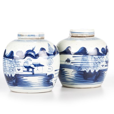 Lot 113 - A PAIR OF CHINESE BLUE AND WHITE PORCELAIN GINGER JARS AND COVERS; AND A CANTONESE FAMILLE ROSE DISH