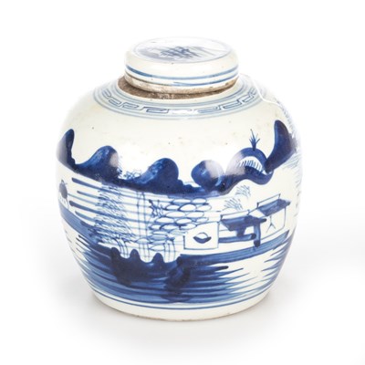 Lot 113 - A PAIR OF CHINESE BLUE AND WHITE PORCELAIN GINGER JARS AND COVERS; AND A CANTONESE FAMILLE ROSE DISH
