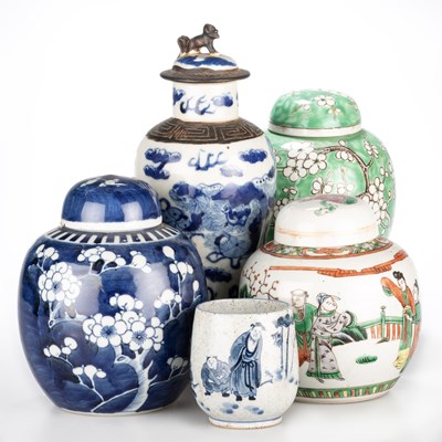Lot 112 - THREE CHINESE PORCELAIN GINGER JARS; A 19TH CENTURY CHINESE VASE AND COVER; AND A BEAKER