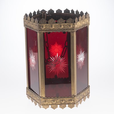 Lot 170 - A VICTORIAN BRASS AND RUBY GLASS HALL LANTERN