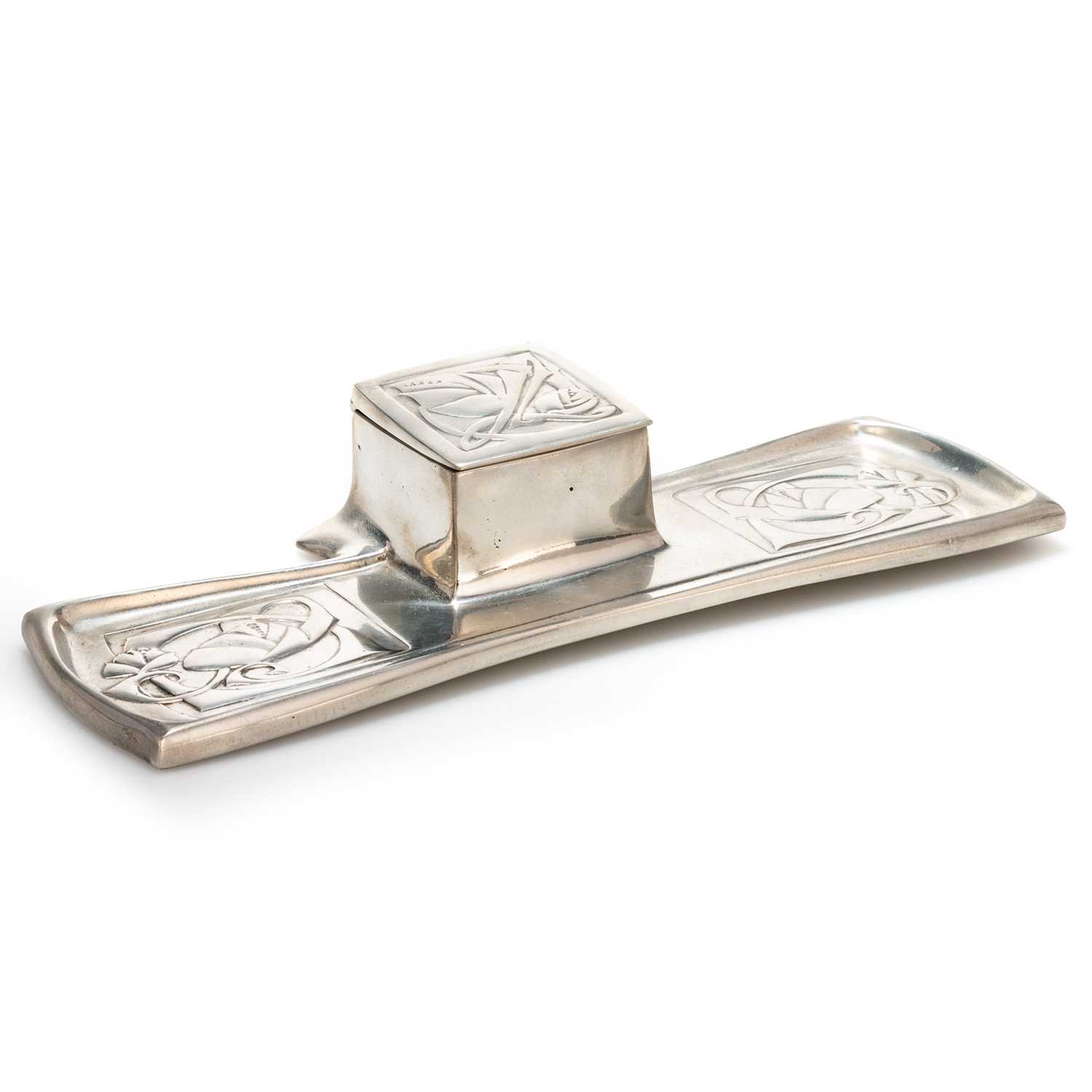 Lot 239 - ARCHIBALD KNOX (1864-1933) FOR LIBERTY & CO, A TUDRIC PEWTER INKWELL