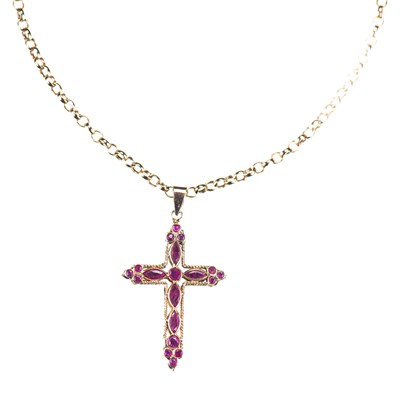 Lot 511 - A 9 CARAT YELLOW GOLD RUBY AND SAPPHIRE DOUBLE-SIDED CROSS PENDANT