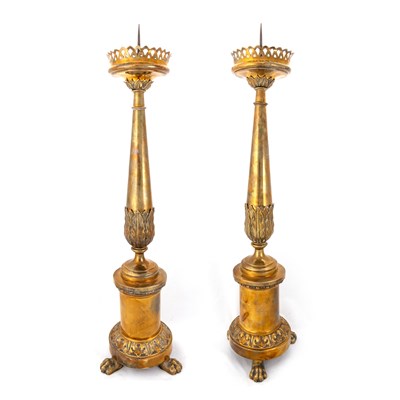 Lot 177 - A LARGE PAIR OF 19TH CENTURY BRASS PRICKET STICKS