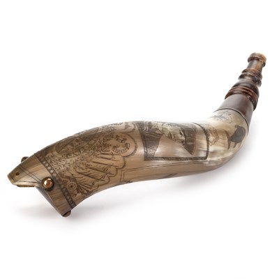 Lot 2 - A SCRIMSHAW DECORATED POWDER HORN