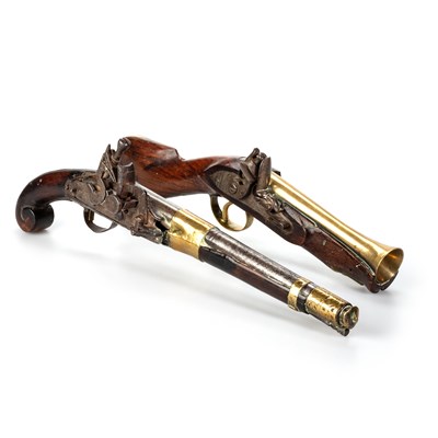 Lot 3 - TWO ANTIQUE BRASS-MOUNTED FLINTLOCK PISTOLS