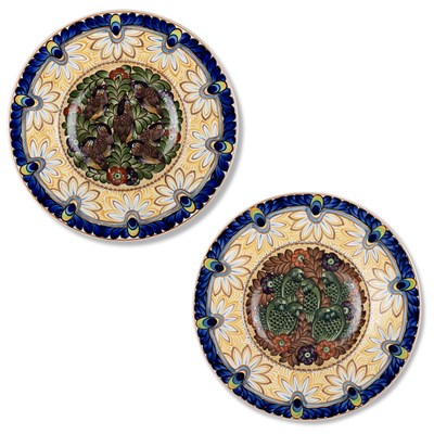 Lot 73 - A LARGE PAIR OF ART DECO POTTERY CHARGERS, BY ALUMINIA, DENMARK