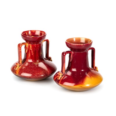 Lot 67 - CHRISTOPHER DRESSER (1868-1904) FOR LINTHORPE ART POTTERY, A PAIR OF TWO-HANDLED VASES, CIRCA 1880