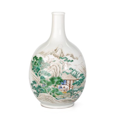 Lot 114 - A CHINESE FAMILLE ROSE 'LANDSCAPE' BOTTLE VASE, REPUBLIC PERIOD (1912-1949)