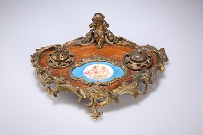 Lot 812 - A NAPOLEON III ORMOLU, SÈVRES STYLE PORCELAIN AND KINGWOOD INKSTAND