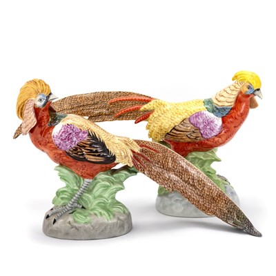 Lot 77 - A PAIR OF DRESDEN PORCELAIN MODELS OF GOLDEN PHEASANTS, 20TH CENTURY