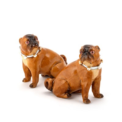 Lot 63 - A NEAR PAIR OF DRESEN PORCELAIN MODELS OF PUGS