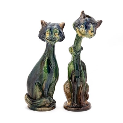 Lot 75 - A PAIR OF BELGIAN ART POTTERY CAT CANDLESTICKS