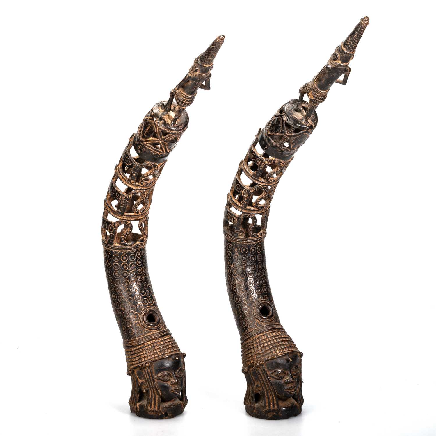 Lot 13 - A PAIR OF BENIN BRONZE ALTAR HEADS