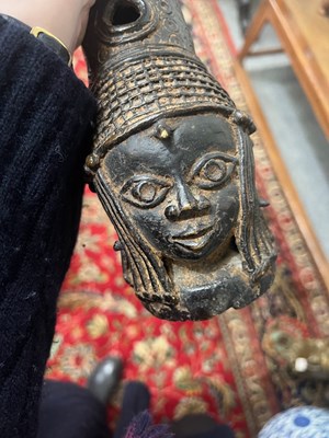 Lot 13 - A PAIR OF BENIN BRONZE ALTAR HEADS