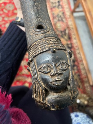 Lot 13 - A PAIR OF BENIN BRONZE ALTAR HEADS