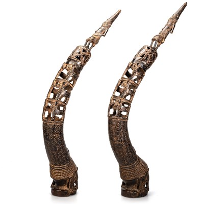 Lot 13 - A PAIR OF BENIN BRONZE ALTAR HEADS