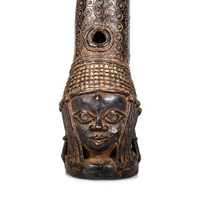 Lot 13 - A PAIR OF BENIN BRONZE ALTAR HEADS