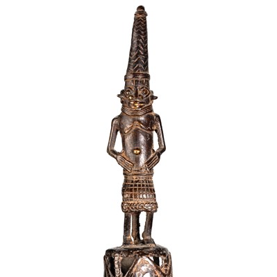 Lot 13 - A PAIR OF BENIN BRONZE ALTAR HEADS