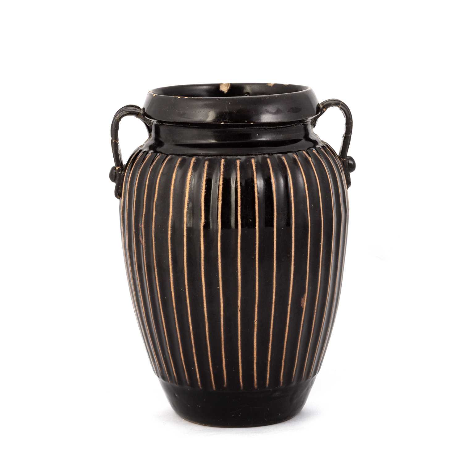 Lot 173 - A CHINESE CIZHOU BLACK-GLAZED RIBBED VASE