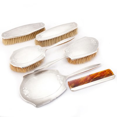 Lot 437 - A GEORGE V SILVER DRESSING TABLE SET