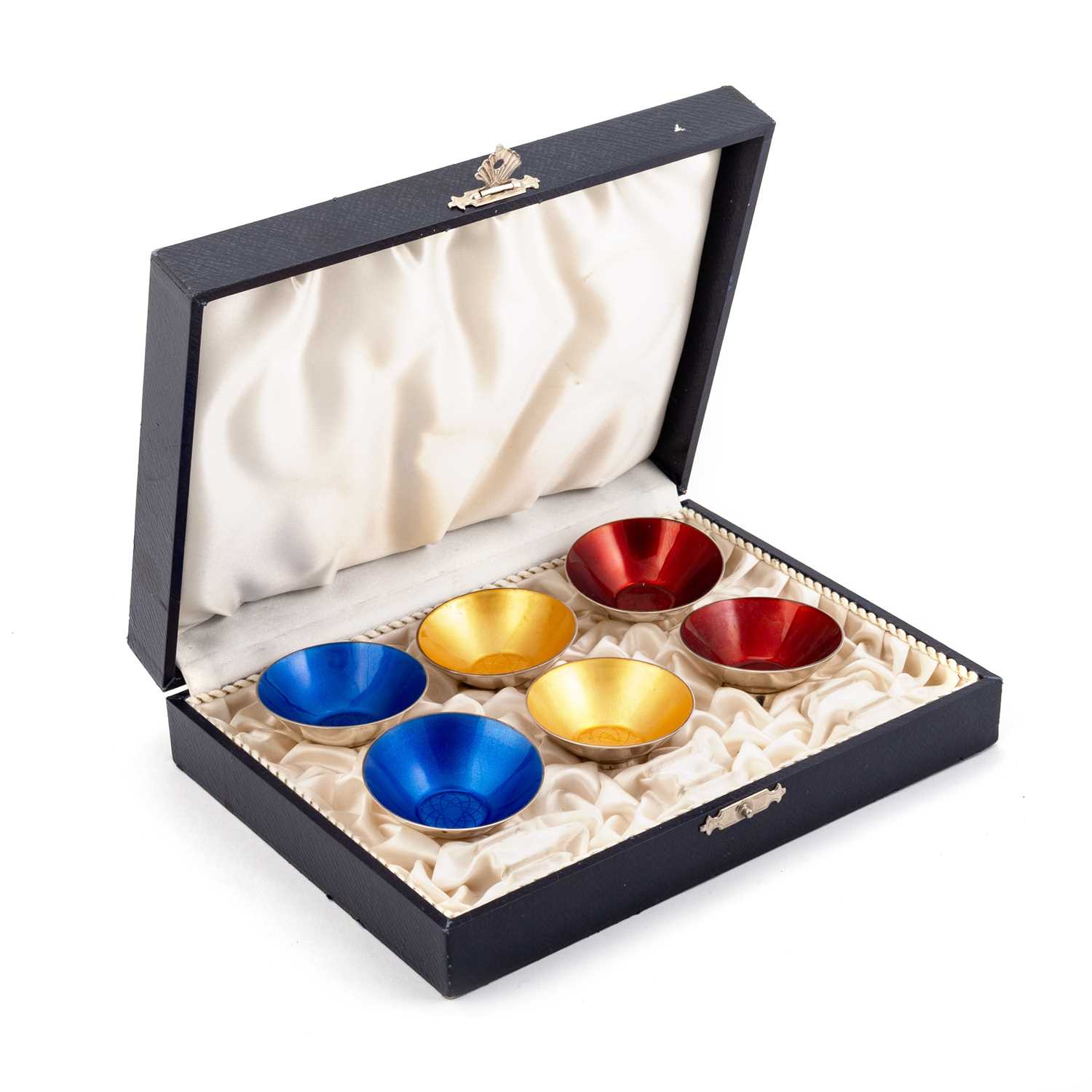Lot 343 - A SET OF SIX DANISH STERLING SILVER AND ENAMEL SALTS