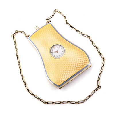 Lot 354 - A SILVER-GILT AND GUILLOCHÉ ENAMEL PURSE WITH A CLOCK