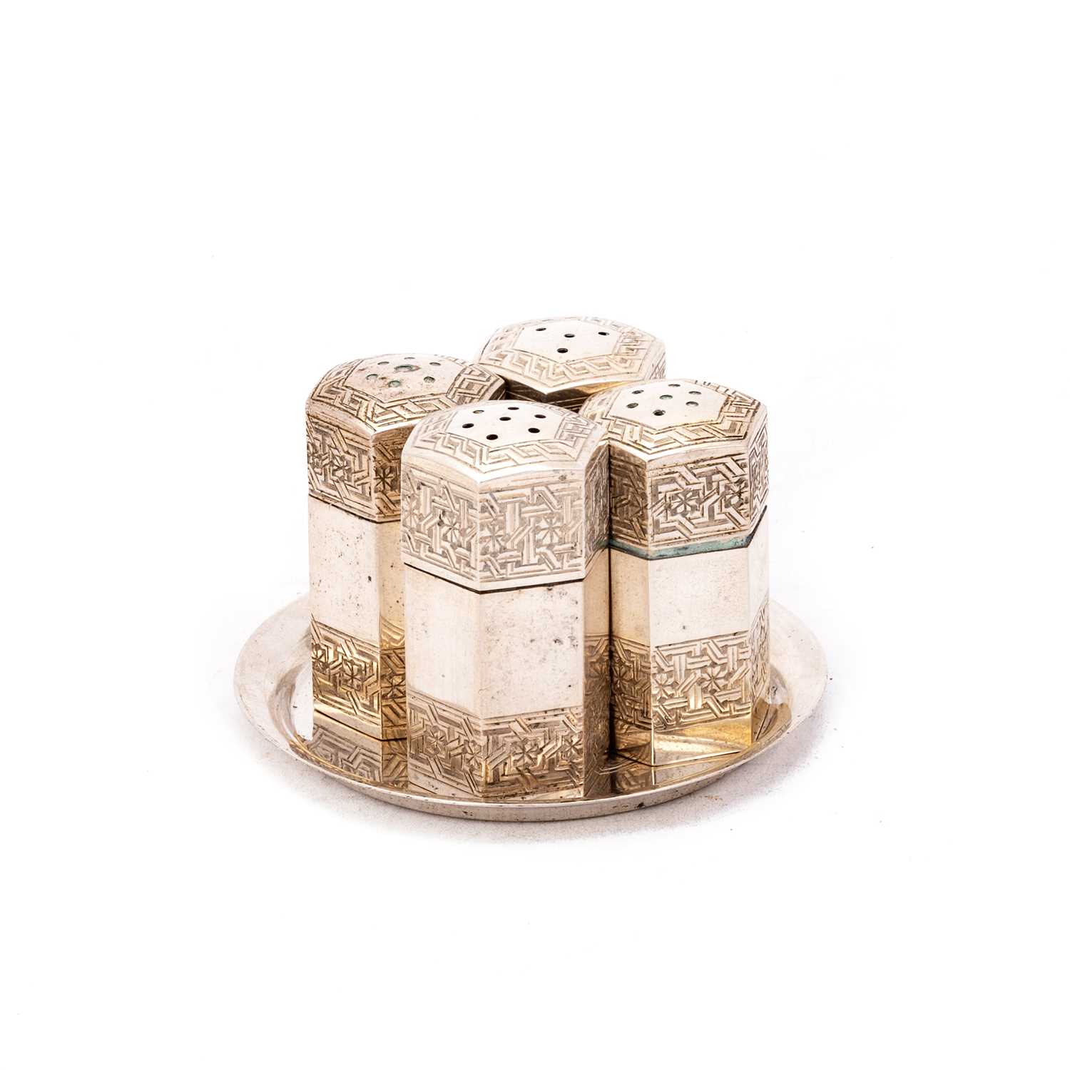 Lot 307 - A PERSIAN SILVER FOUR-PIECE CONDIMENT SET ON STAND, LATE 19TH CENTURY