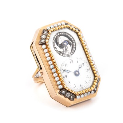 Lot 580 - A VERY RARE PEARL AND DIAMOND QUARTER-REPEATING RING WATCH, SIGNED GE. ACHARD ET FILS, CIRCA 1800