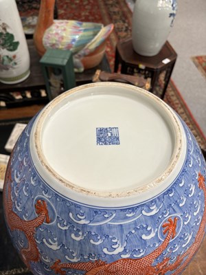 Lot 100 - A LARGE PAIR OF CHINESE UNDERGLAZE BLUE AND IRON-RED DRAGON VASES, TIANQIUPING