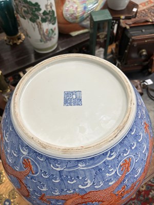 Lot 100 - A LARGE PAIR OF CHINESE UNDERGLAZE BLUE AND IRON-RED DRAGON VASES, TIANQIUPING