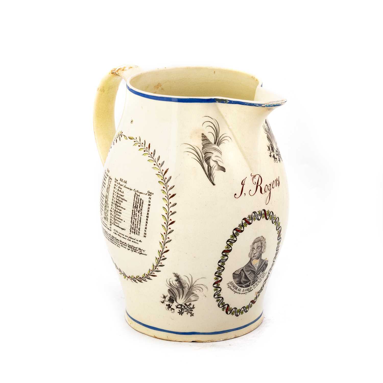 Lot 56 - A LARGE LIVERPOOL CREAMWARE 'ADMIRAL LORD NELSON' JUG, CIRCA 1805