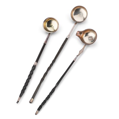 Lot 230 - THREE 18TH CENTURY SILVER TODDY LADLES