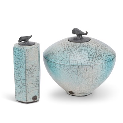 Lot 62 - TIM ANDREWS (BORN 1960), TWO RAKU LIDDED VESSELS