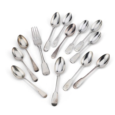 Lot 528 - A GROUP OF GEORGE III AND LATER SILVER FLATWARE