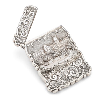 Lot 496 - A VICTORIAN SILVER CASTLE-TOP CARD CASE, QUEEN'S COLLEGE CORK
