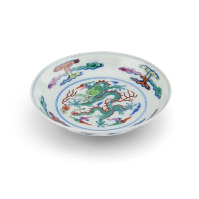 Lot 145 - A CHINESE DOUCAI 'DRAGON' SAUCER DISH