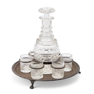 Lot 223 - A SILVER-PLATED AND CUT-GLASS DRINKS SET, 19TH CENTURY