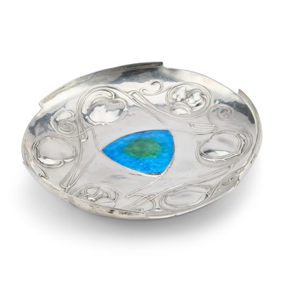 Lot 213 - ARCHIBALD KNOX (1864-1933) FOR LIBERTY & CO, A TUDRIC PEWTER AND ENAMEL DISH, 'THE BOLLELIN'