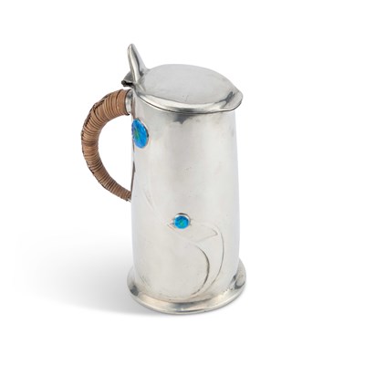 Lot 212 - ARCHIBALD KNOX (1864-1933) FOR LIBERTY & CO, A TUDRIC PEWTER AND ENAMEL HOT WATER JUG