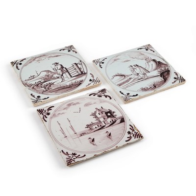 Lot 51 - THREE 18TH CENTURY ENGLISH MANGANESE DELFT TILES, PROBABLY LIVERPOOL