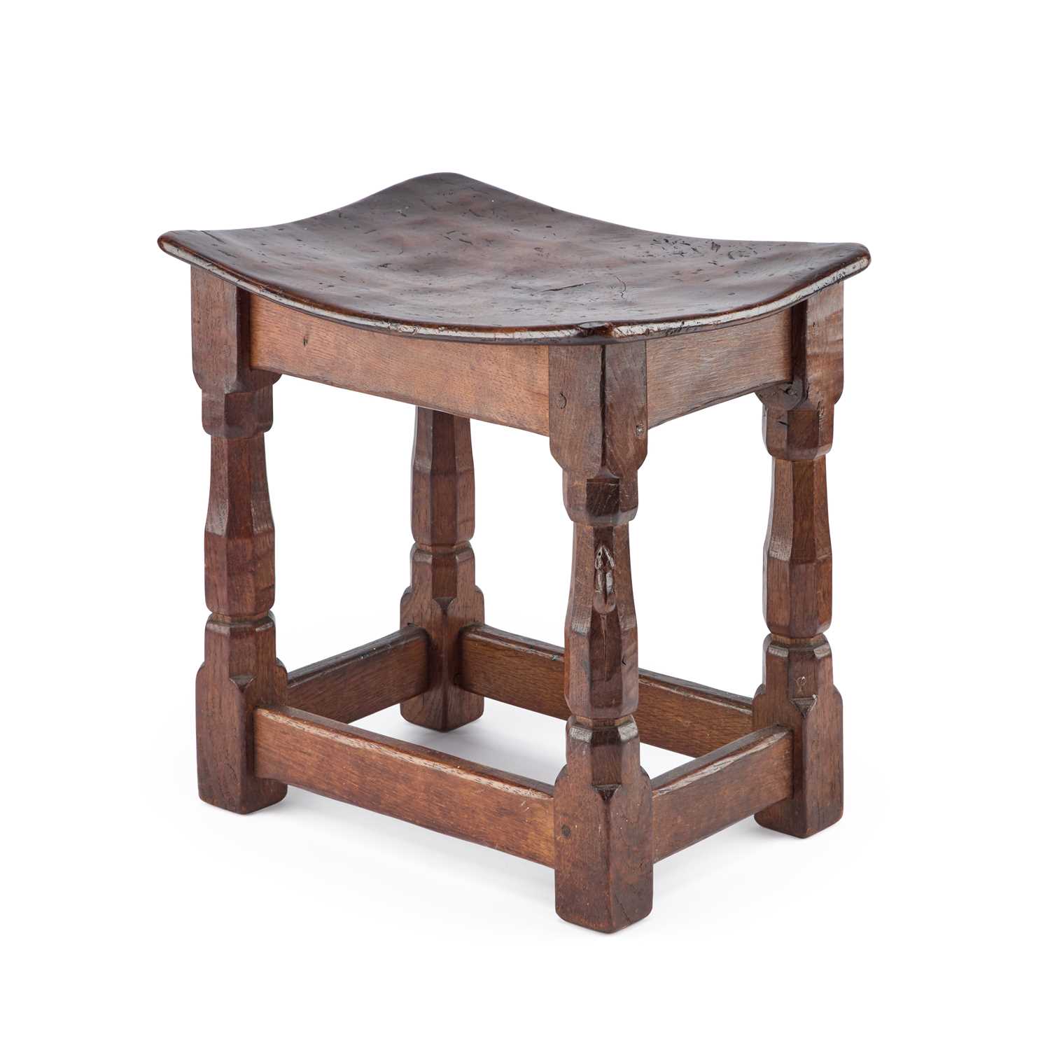 Lot 788 - ROBERT THOMPSON OF KILBURN, A MOUSEMAN BURR OAK DISH TOP STOOL
