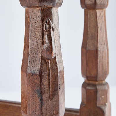 Lot 788 - ROBERT THOMPSON OF KILBURN, A MOUSEMAN BURR OAK DISH TOP STOOL