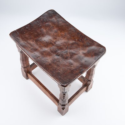 Lot 788 - ROBERT THOMPSON OF KILBURN, A MOUSEMAN BURR OAK DISH TOP STOOL